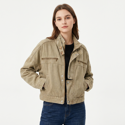 Women's Washed Cotton Utility Jacket Cropped Stand Collar Zip Snap Button Edenforth