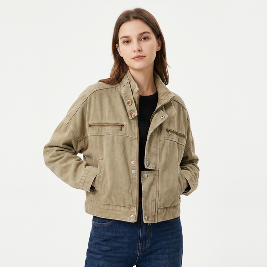 Women's Washed Cotton Utility Jacket Cropped Stand Collar Zip Snap Button Edenforth