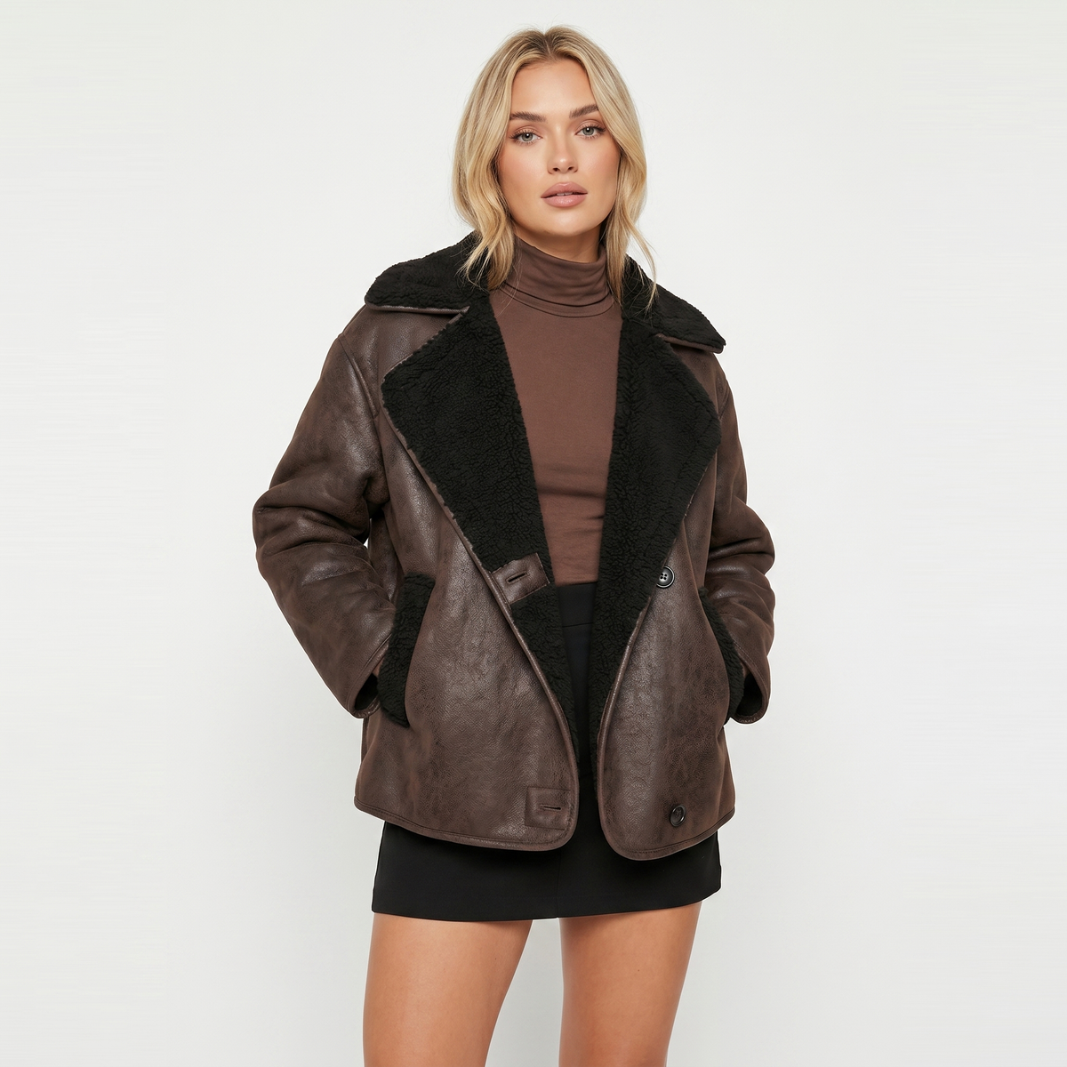 Women's Faux Shearling Aviator Jacket Oversized Sherpa Collar Leather Coat Edenforth
