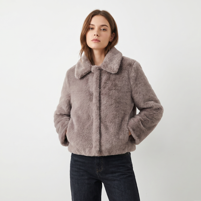 Women's Faux-Fur Jacket Cropped Open-Front Notch Collar Plush Winter Coat Edenforth