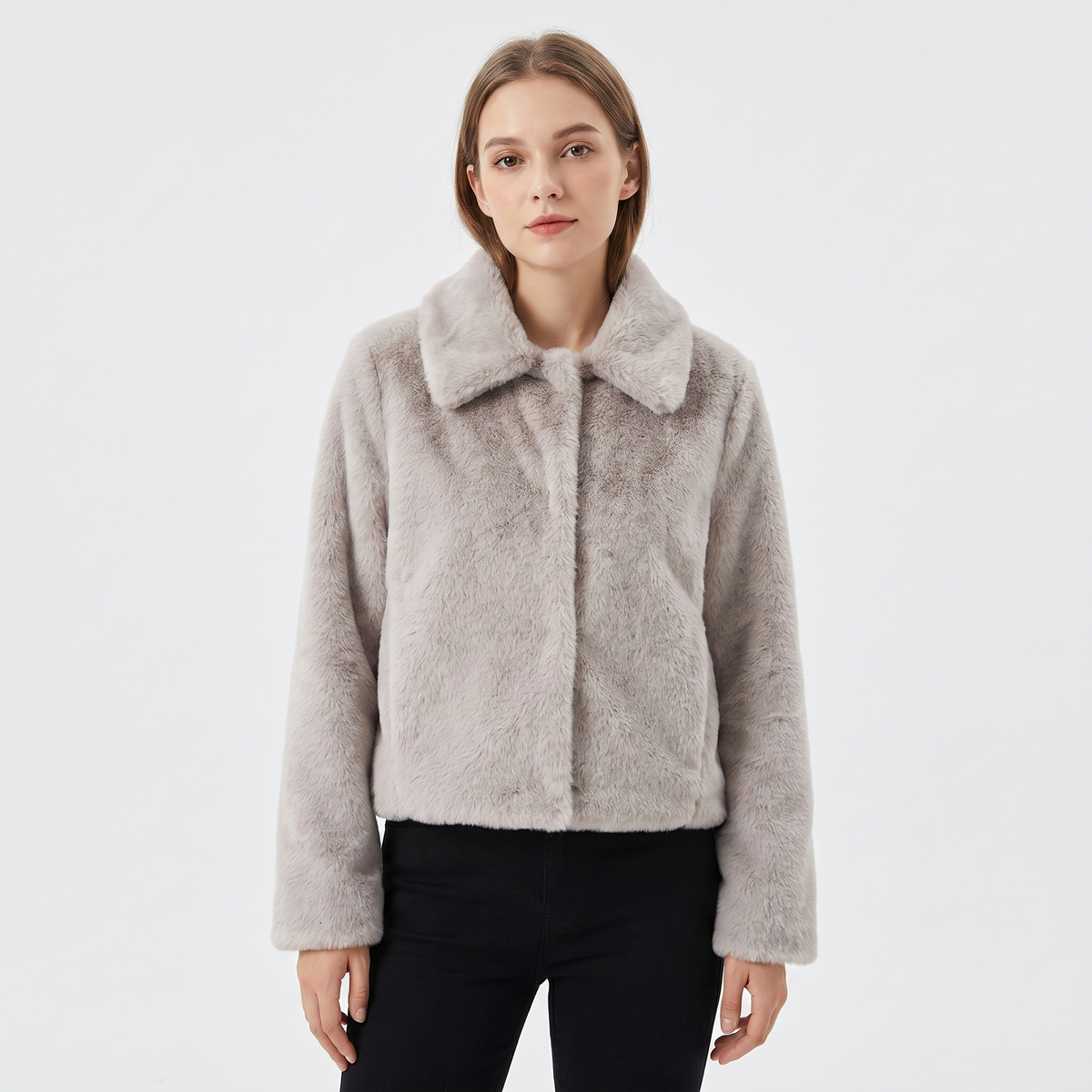 Women's Faux-Fur Jacket Cropped Open-Front Notch Collar Plush Winter Coat Edenforth
