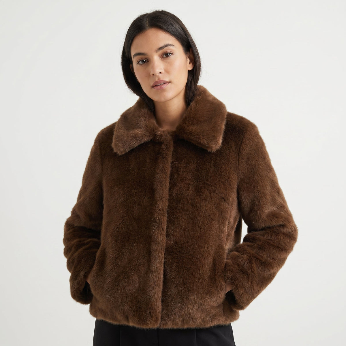Women's Faux-Fur Jacket Cropped Open-Front Notch Collar Plush Winter Coat Edenforth
