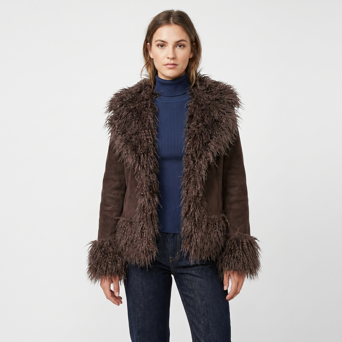Women's Suede Jacket Mongolian Faux-Fur Collar Cuff Trim Open-Front Coat Edenforth