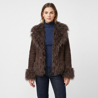 Women's Suede Jacket Mongolian Faux-Fur Collar Cuff Trim Open-Front Coat Edenforth
