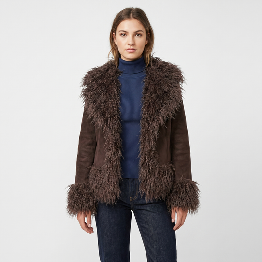 Women's Suede Jacket Mongolian Faux-Fur Collar Cuff Trim Open-Front Coat Edenforth