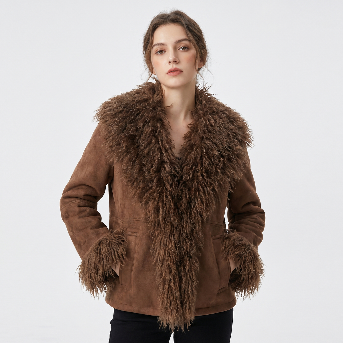 Women's Suede Jacket Mongolian Faux-Fur Collar Cuff Trim Open-Front Coat Edenforth