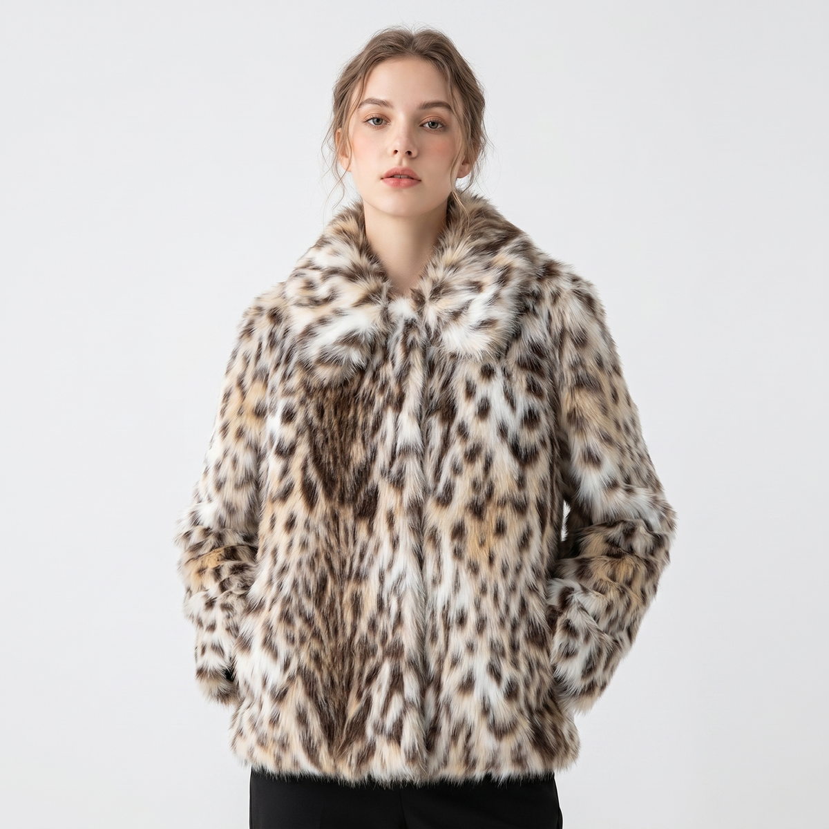 Women's Leopard Print Faux-Fur Jacket Plush Cropped Animal Print Coat Edenforth