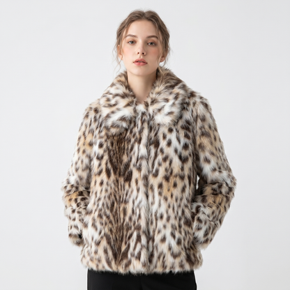 Women's Leopard Print Faux-Fur Jacket Plush Cropped Animal Print Coat Edenforth