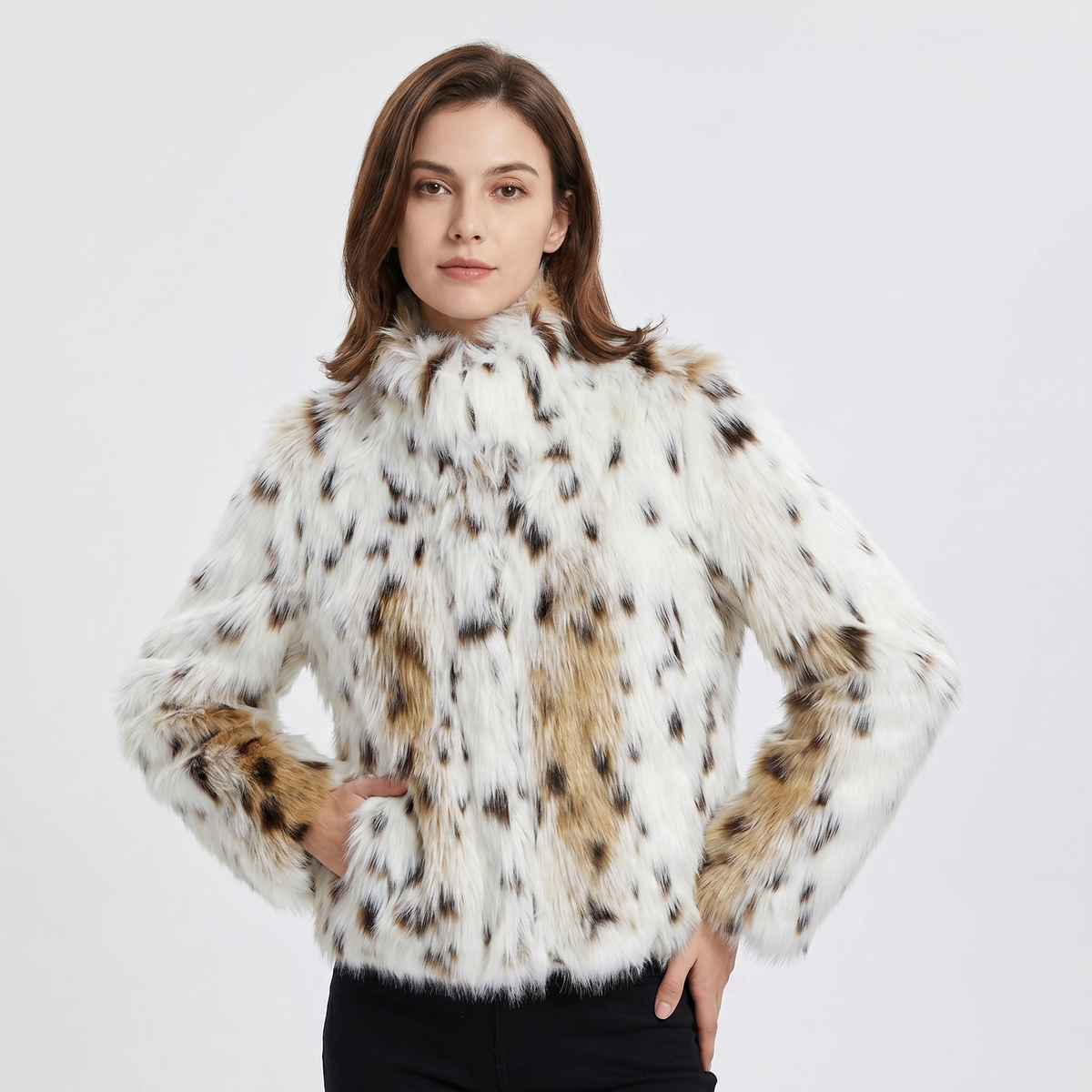 Women's Leopard Print Faux-Fur Jacket Plush Cropped Animal Print Coat Edenforth