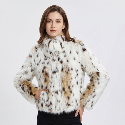 Women's Leopard Print Faux-Fur Jacket Plush Cropped Animal Print Coat Edenforth