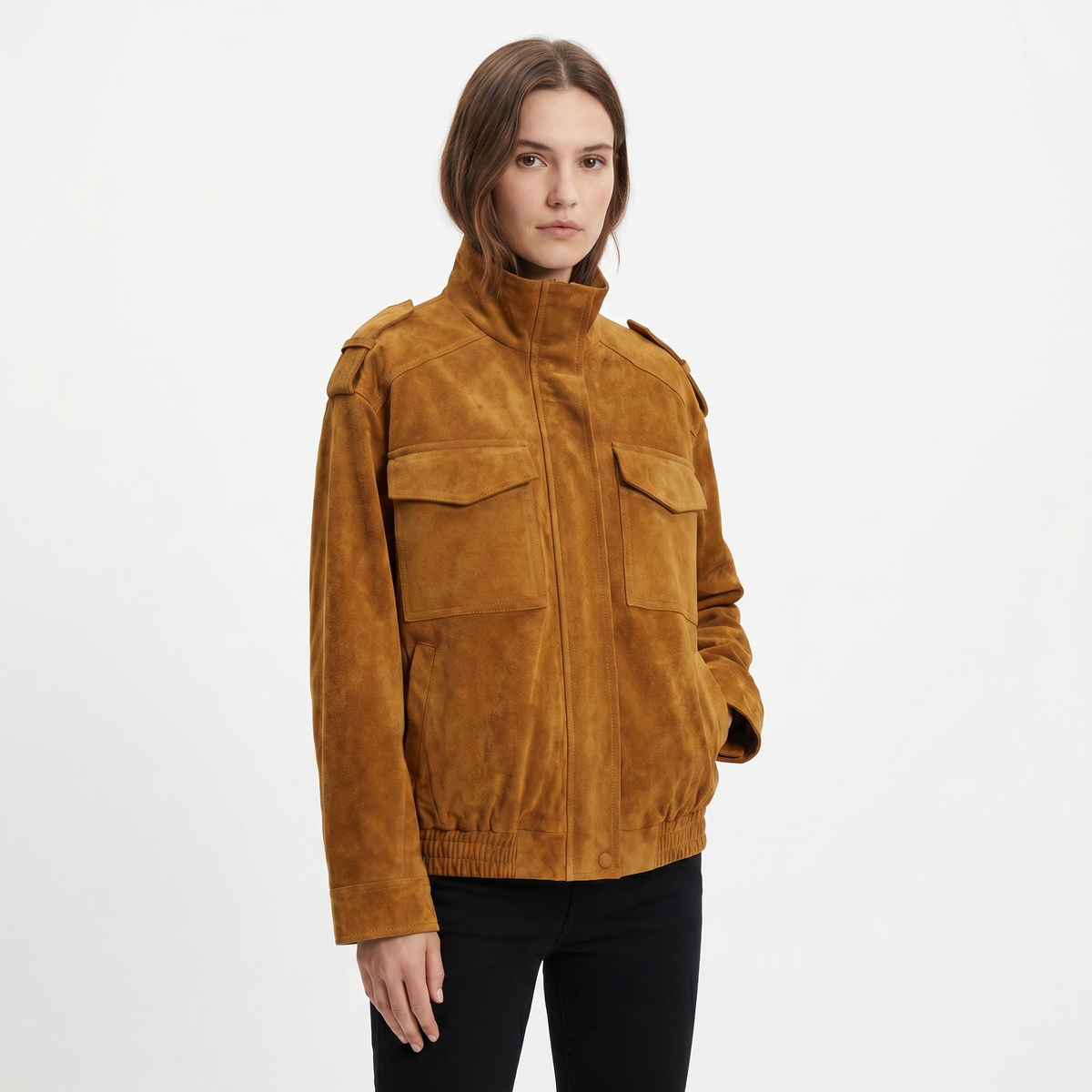 Women's Suede Leather Bomber Jacket Stand Collar Chest Pocket Epaulette Edenforth