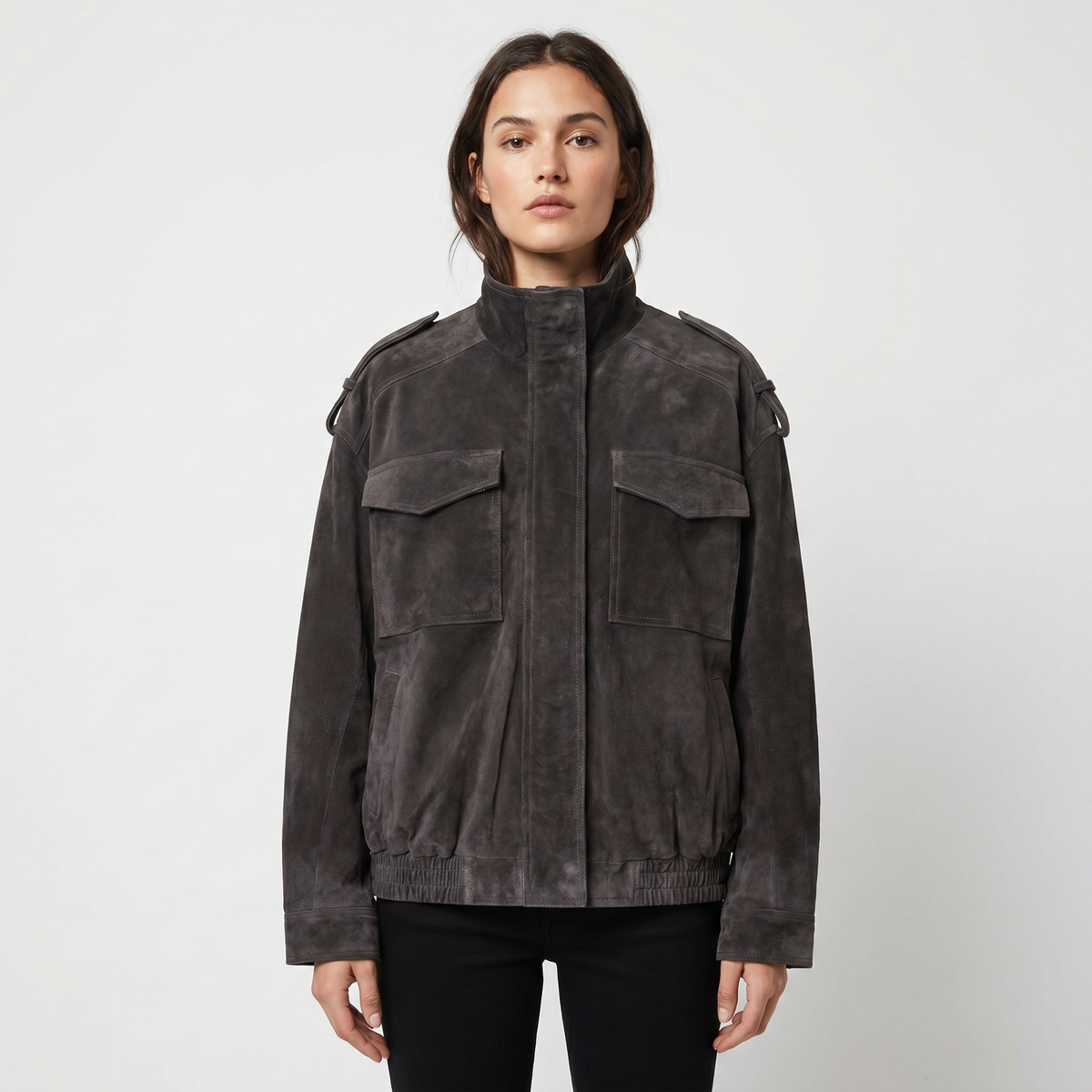 Women's Suede Leather Bomber Jacket Stand Collar Chest Pocket Epaulette Edenforth