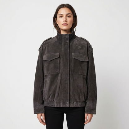 Women's Suede Leather Bomber Jacket Stand Collar Chest Pocket Epaulette Edenforth