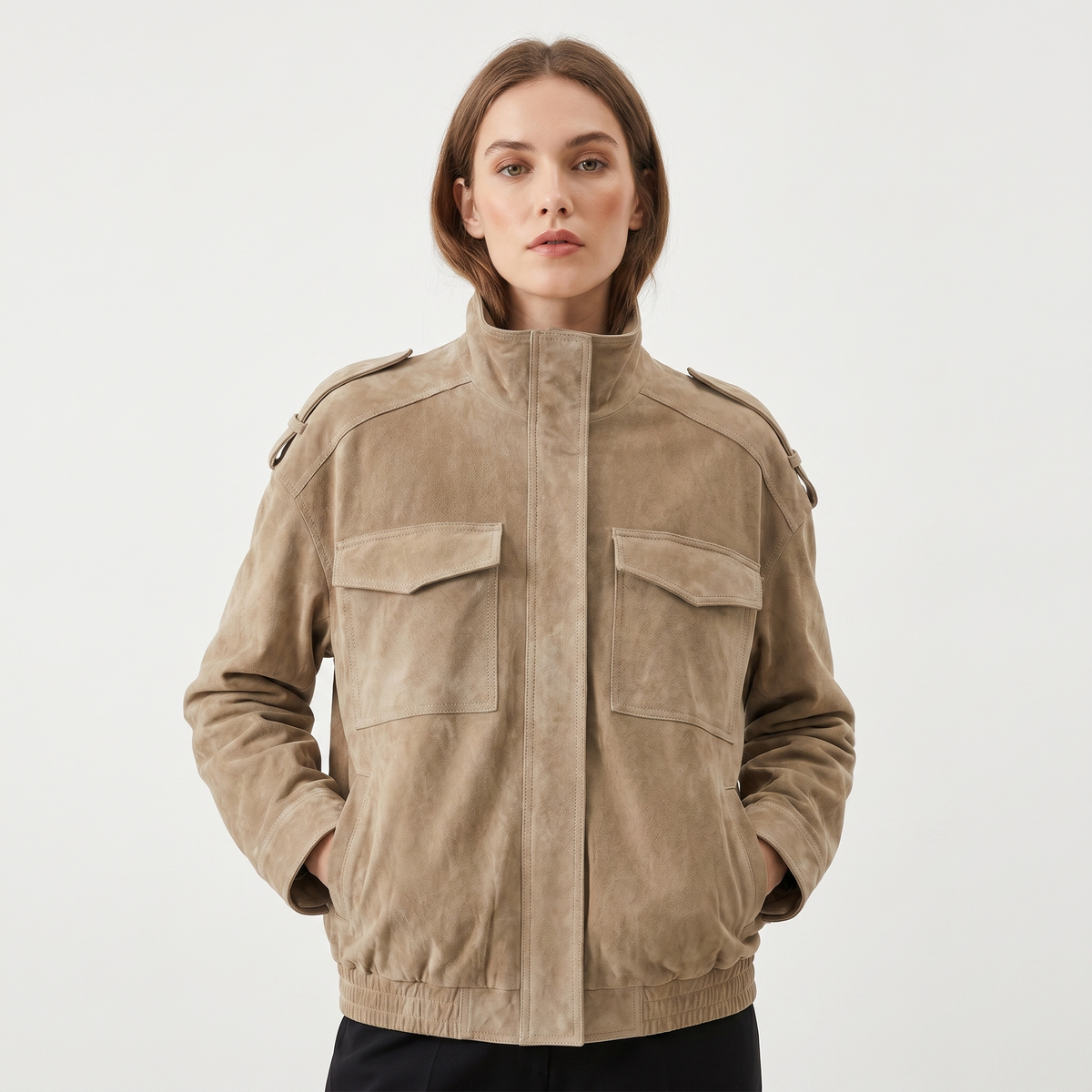 Women's Suede Leather Bomber Jacket Stand Collar Chest Pocket Epaulette Edenforth