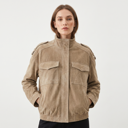 Women's Suede Leather Bomber Jacket Stand Collar Chest Pocket Epaulette Edenforth