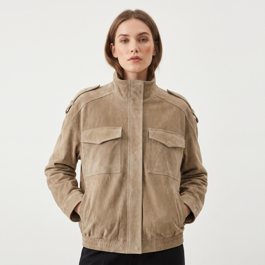 Women's Suede Leather Bomber Jacket Stand Collar Chest Pocket Epaulette Edenforth