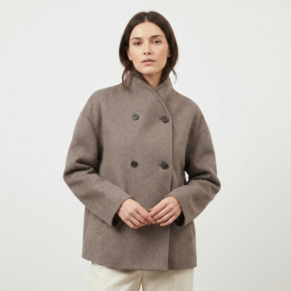 Women's Double-Breasted Wool Blend Short Coat Funnel-Neck Oversized Jacket Edenforth