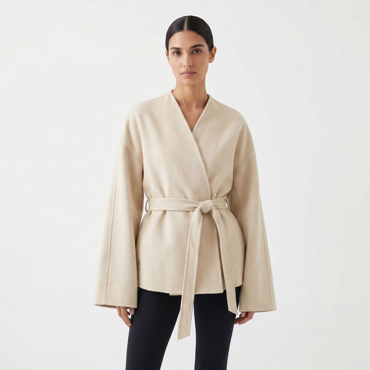 Women's Wool Blend Belted Wrap Jacket Collarless Wide Sleeve Kimono Coat Edenforth