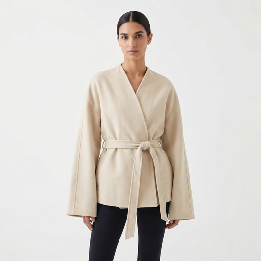 Women's Wool Blend Belted Wrap Jacket Collarless Wide Sleeve Kimono Coat Edenforth