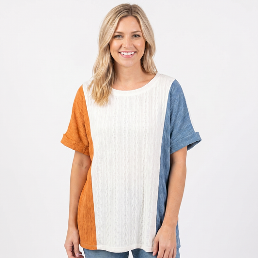 Women's Color Block Textured Knit Top Oversized Short-Sleeve Crew-Neck Tee Edenforth