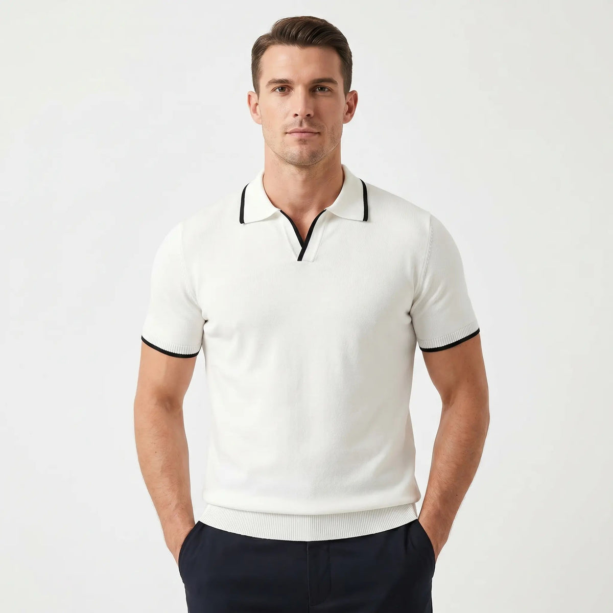 Men's Knit Polo Shirt Contrast Tipped Collar Open Neck Slim-Fit Top Edenforth
