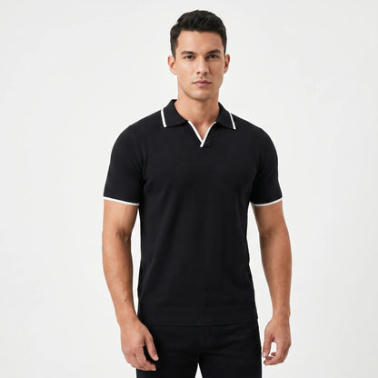 Men's Knit Polo Shirt Contrast Tipped Collar Open Neck Slim-Fit Top Edenforth