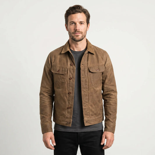 Men's Waxed Cotton Trucker Jacket Corduroy Collar Snap Button Heritage Coat Edenforth