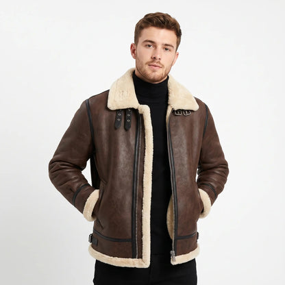 Men's Shearling Aviator Jacket Faux Leather B3 Style Sherpa Lined Coat Edenforth