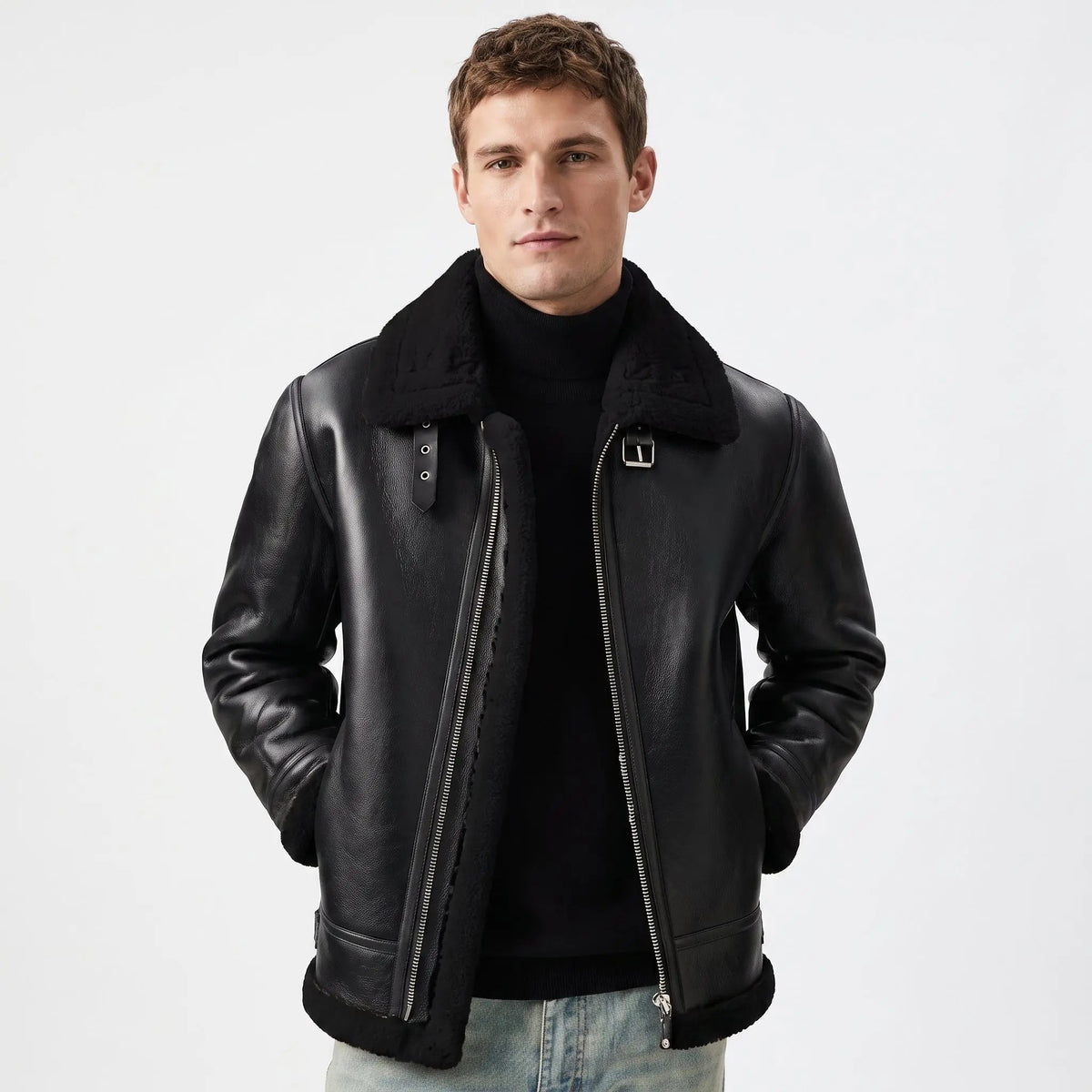 Men's Shearling Aviator Jacket Faux Leather B3 Style Sherpa Lined Coat Edenforth