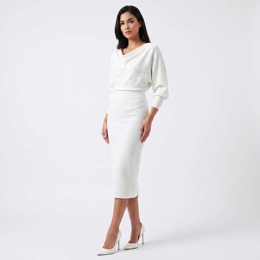 Women's Knit Batwing Sleeve Bodycon Midi Cowl-Neck Fitted Sweater Dress Edenforth