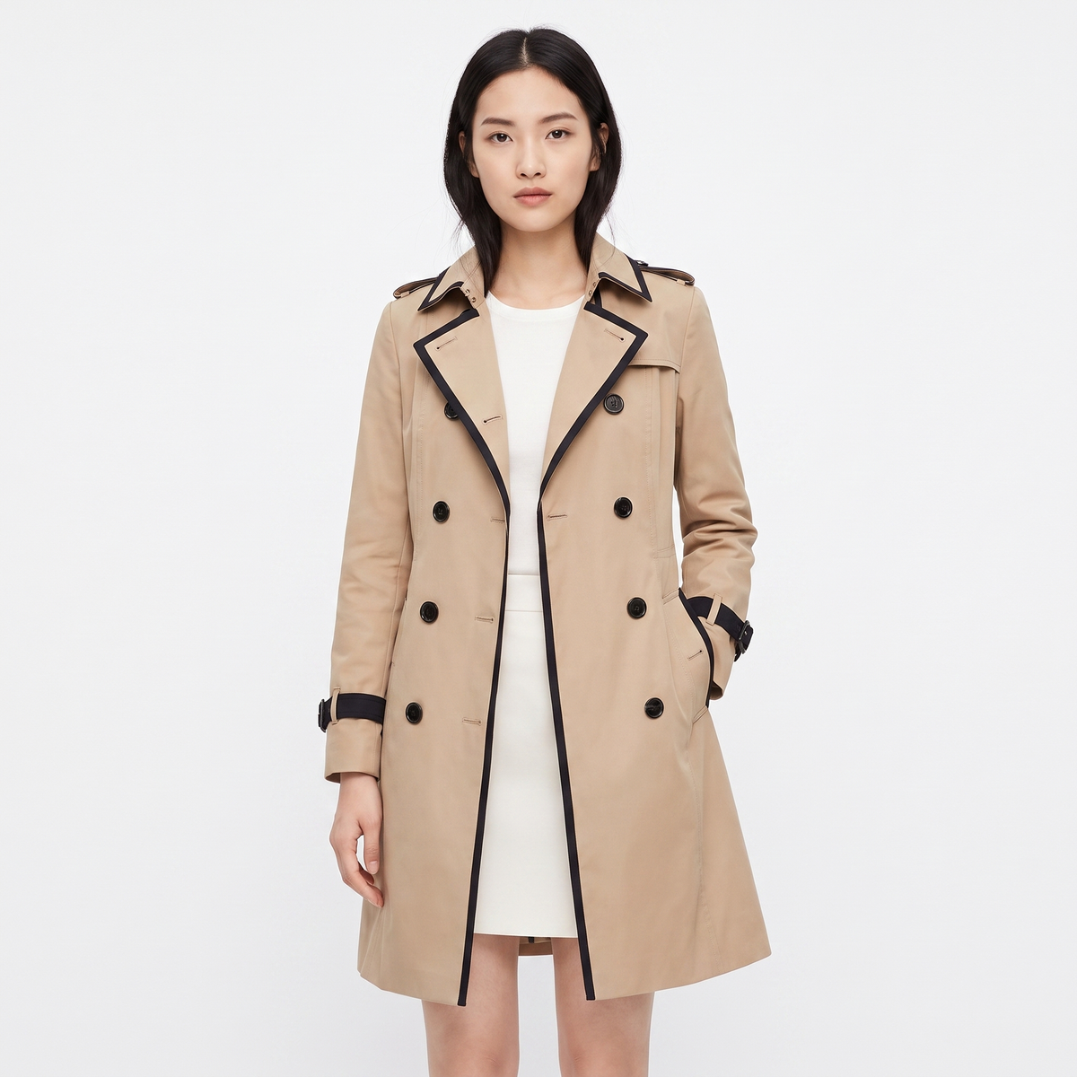 Women's Double-Breasted Trench Coat Belted Contrast Trim Fitted Spring Edenforth