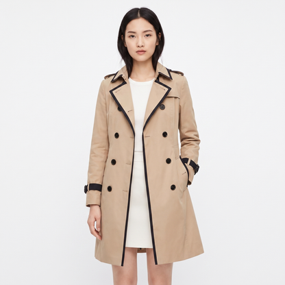 Women's Double-Breasted Trench Coat Belted Contrast Trim Fitted Spring Edenforth