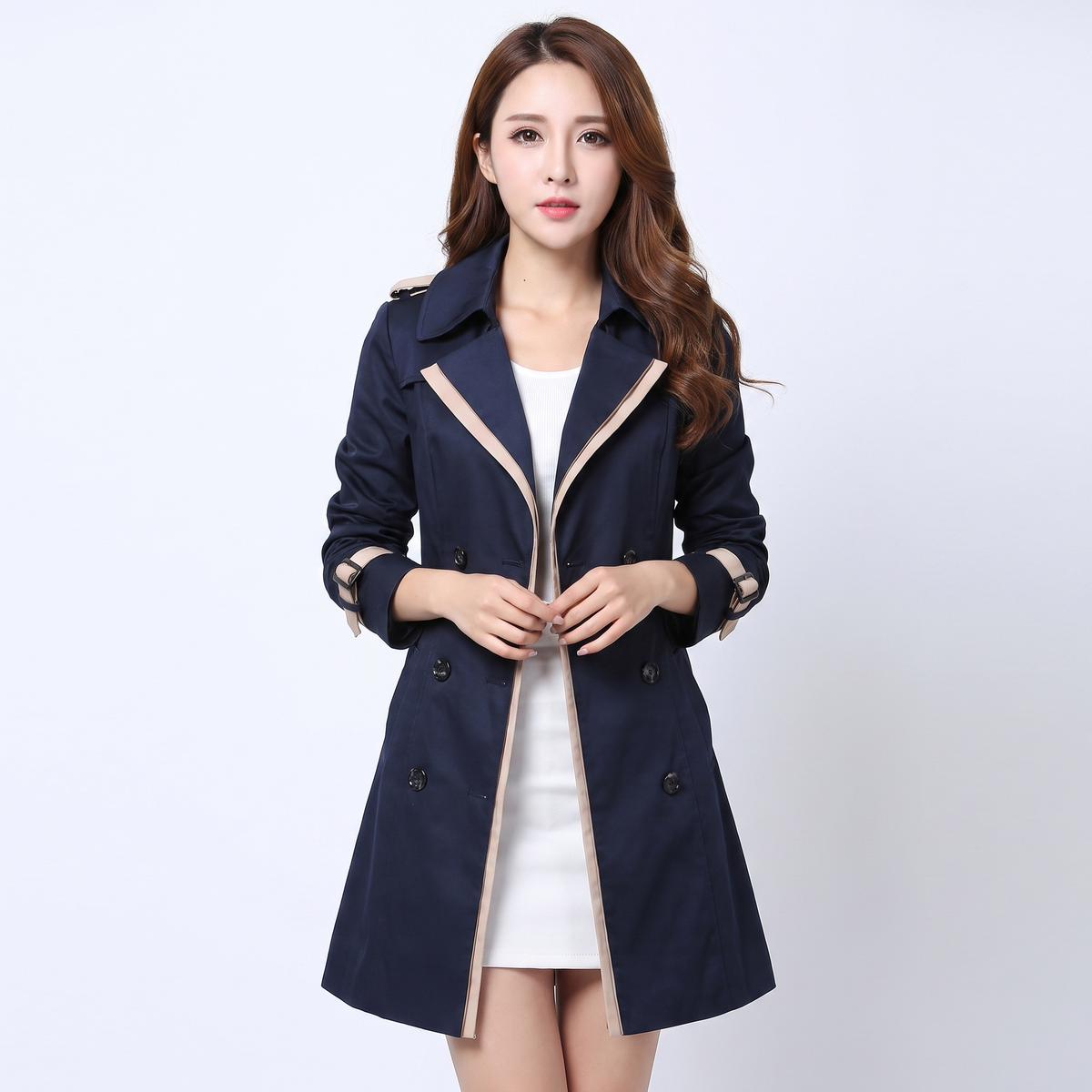 Women's Double-Breasted Trench Coat Belted Contrast Trim Fitted Spring Edenforth