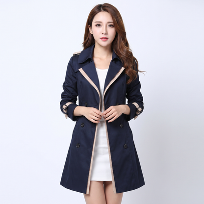 Women's Double-Breasted Trench Coat Belted Contrast Trim Fitted Spring Edenforth