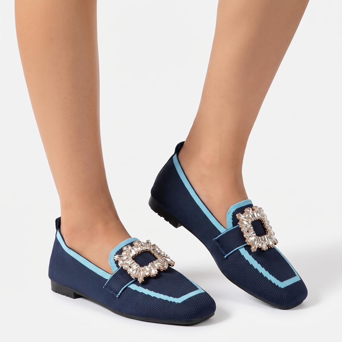 Women's Rhinestone Buckle Flat Loafers Square Toe Knit Slip-On Winter Shoes Edenforth