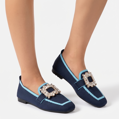 Women's Rhinestone Buckle Flat Loafers Square Toe Knit Slip-On Winter Shoes Edenforth