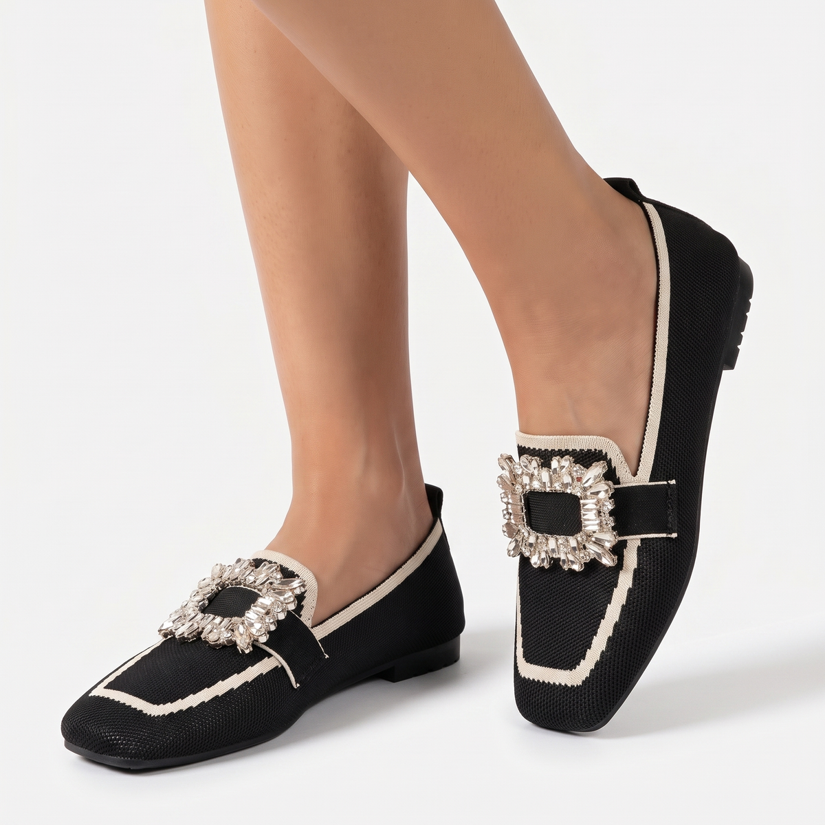 Women's Rhinestone Buckle Flat Loafers Square Toe Knit Slip-On Winter Shoes Edenforth