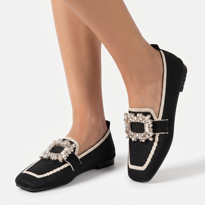 Women's Rhinestone Buckle Flat Loafers Square Toe Knit Slip-On Winter Shoes Edenforth