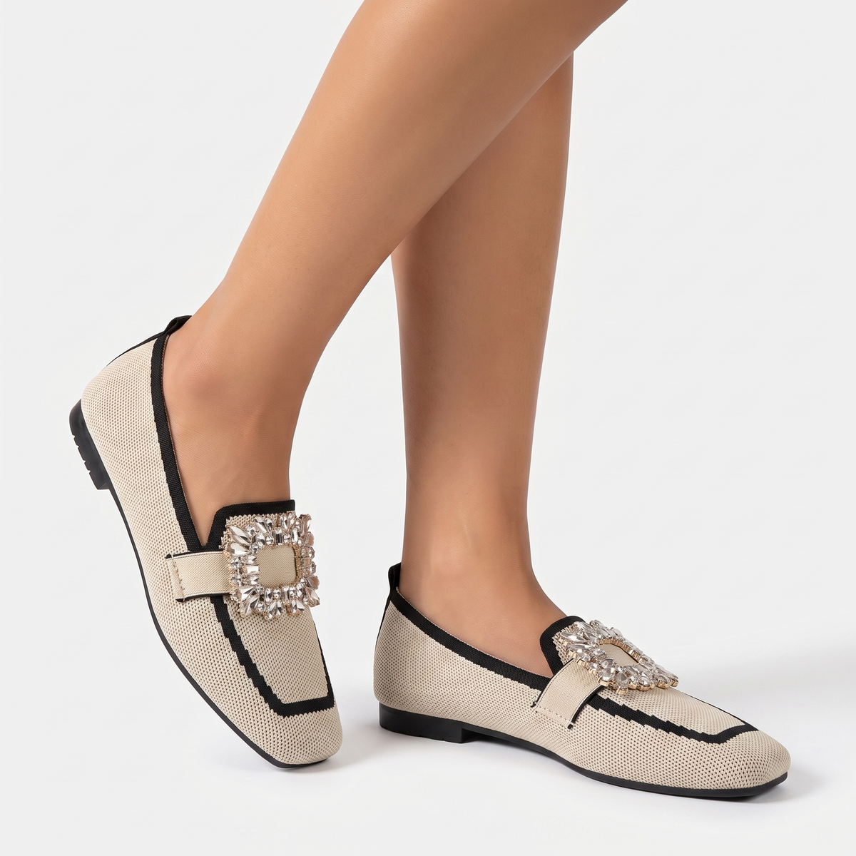 Women's Rhinestone Buckle Flat Loafers Square Toe Knit Slip-On Winter Shoes Edenforth
