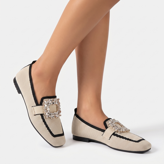 Women's Rhinestone Buckle Flat Loafers Square Toe Knit Slip-On Winter Shoes Edenforth