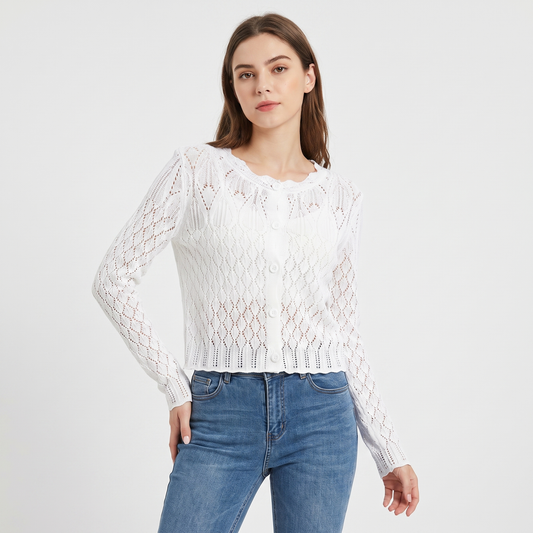 Women's Cropped Knit Cardigan Open-Weave Button-Down Long-Sleeve Sweater Edenforth