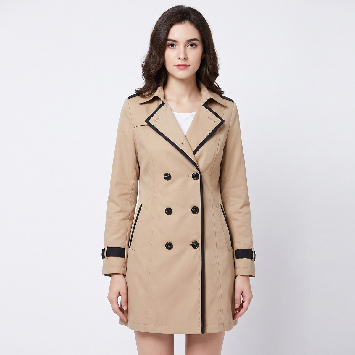 Women's Double-Breasted Trench Coat Belted Contrast Trim Fitted Spring Edenforth