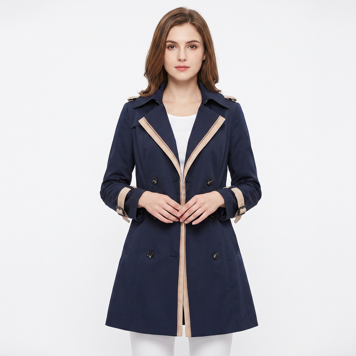 Women's Double-Breasted Trench Coat Belted Contrast Trim Fitted Spring Edenforth