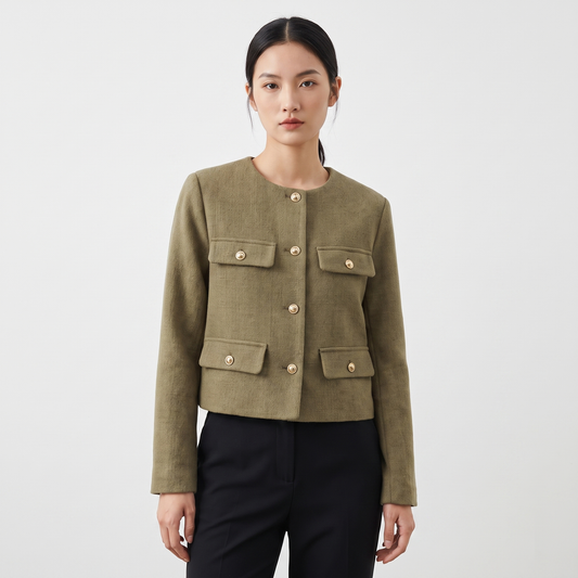Women's Collarless Cropped Jacket Gold Button Wool Blend Boxy Winter Coat Edenforth