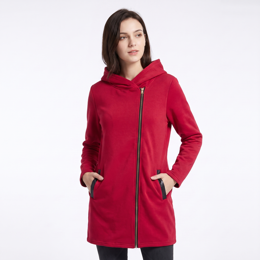 Women's Wool Blend Hooded Zip-Up Coat Faux Leather Trim Midi Winter Jacket Edenforth