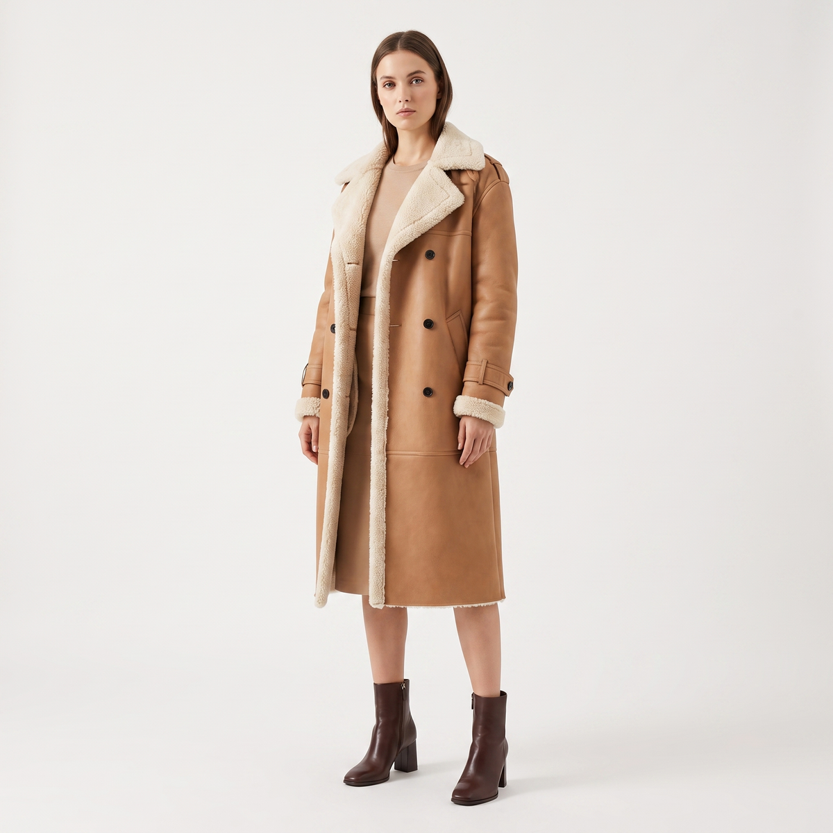 Women's Shearling Lined Double-Breasted Long Coat Faux Suede Teddy Jacket Edenforth