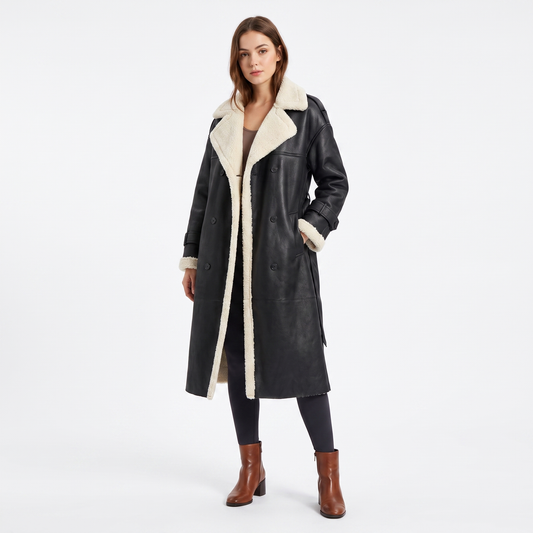Women's Shearling Lined Double-Breasted Long Coat Faux Suede Teddy Jacket Edenforth