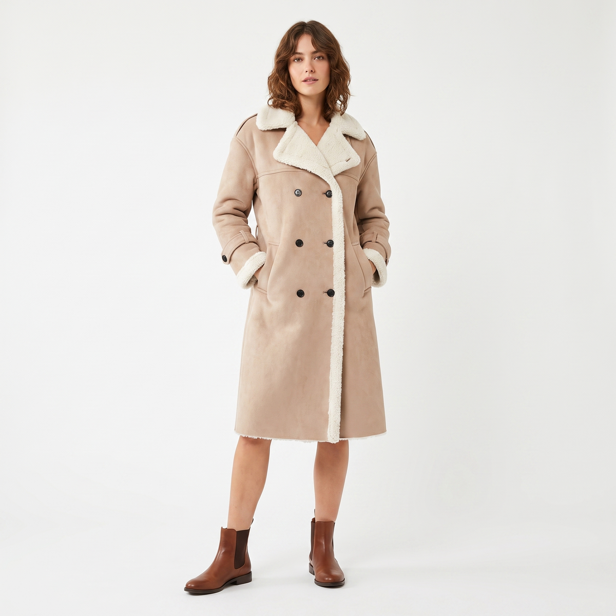 Women's Shearling Lined Double-Breasted Long Coat Faux Suede Teddy Jacket Edenforth