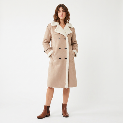 Women's Shearling Lined Double-Breasted Long Coat Faux Suede Teddy Jacket Edenforth