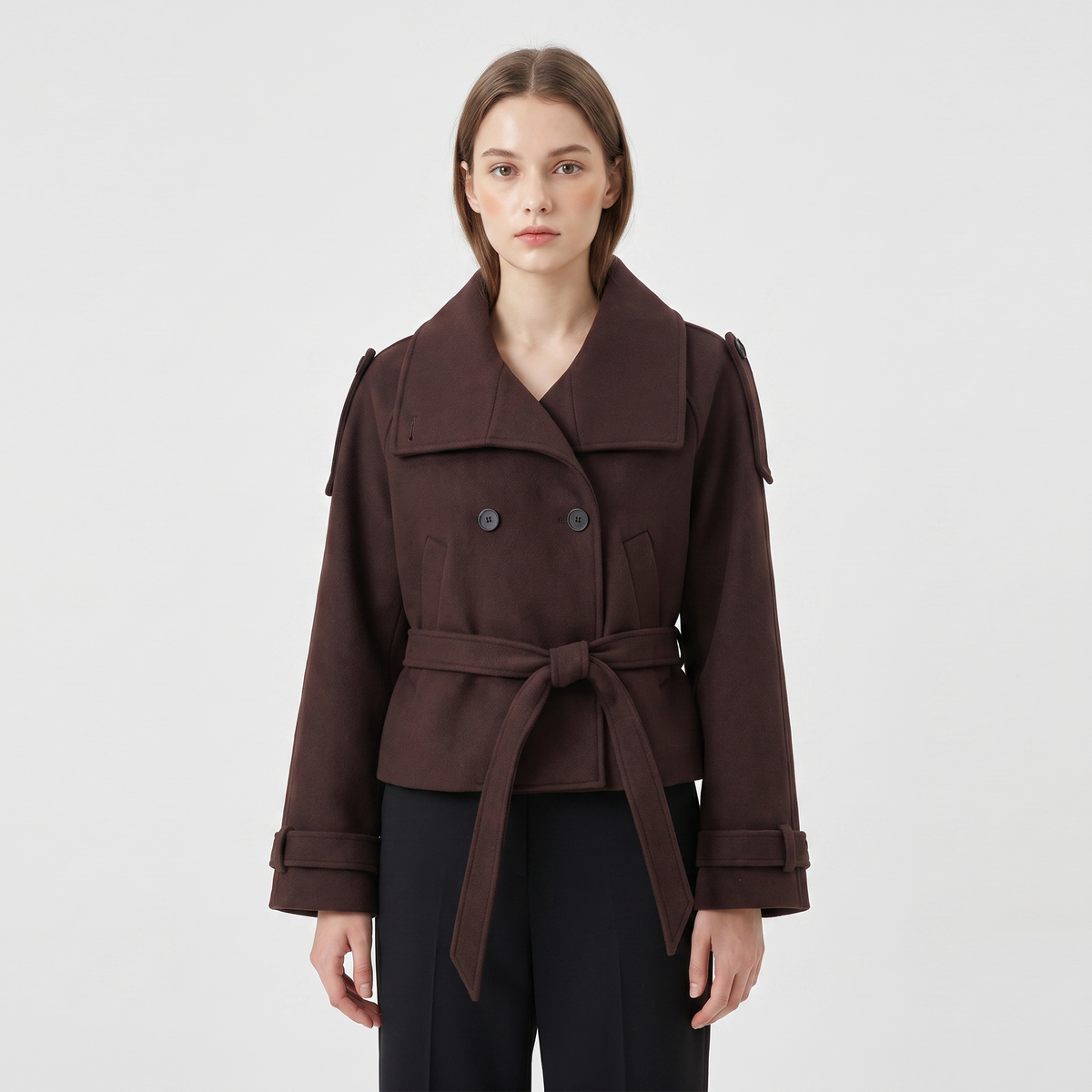 Women's Wool Blend Cropped Coat High-Neck Belted Double-Breasted Jacket Edenforth